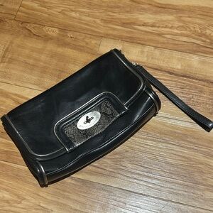 BCBG Maxazaria Black Leather Wristlet Clutch with Silver Turn-Lock - VIntage